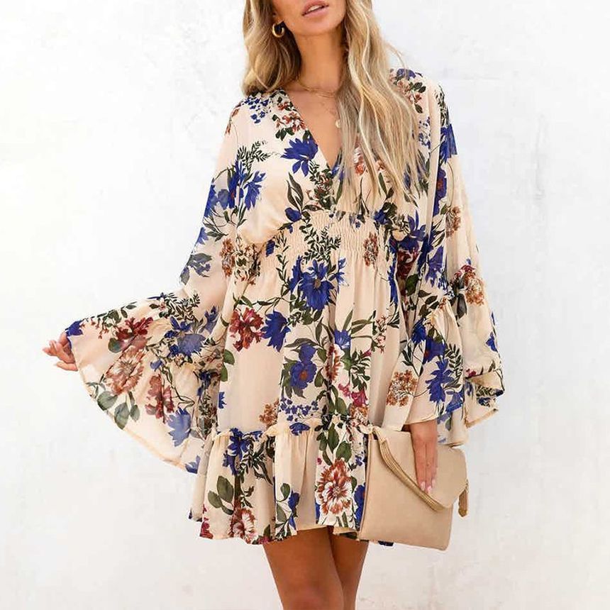 LP | Mini abito a-line con scollo a V e motivo floreale AH445