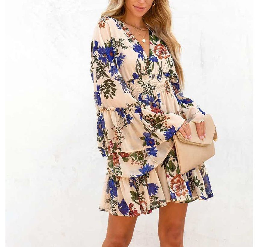LP | Mini abito a-line con scollo a V e motivo floreale AH445