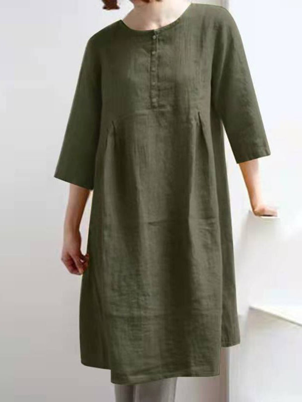 LP | Retro Cotone Lino Solido Plissettato Mezza Manica Mini Abito