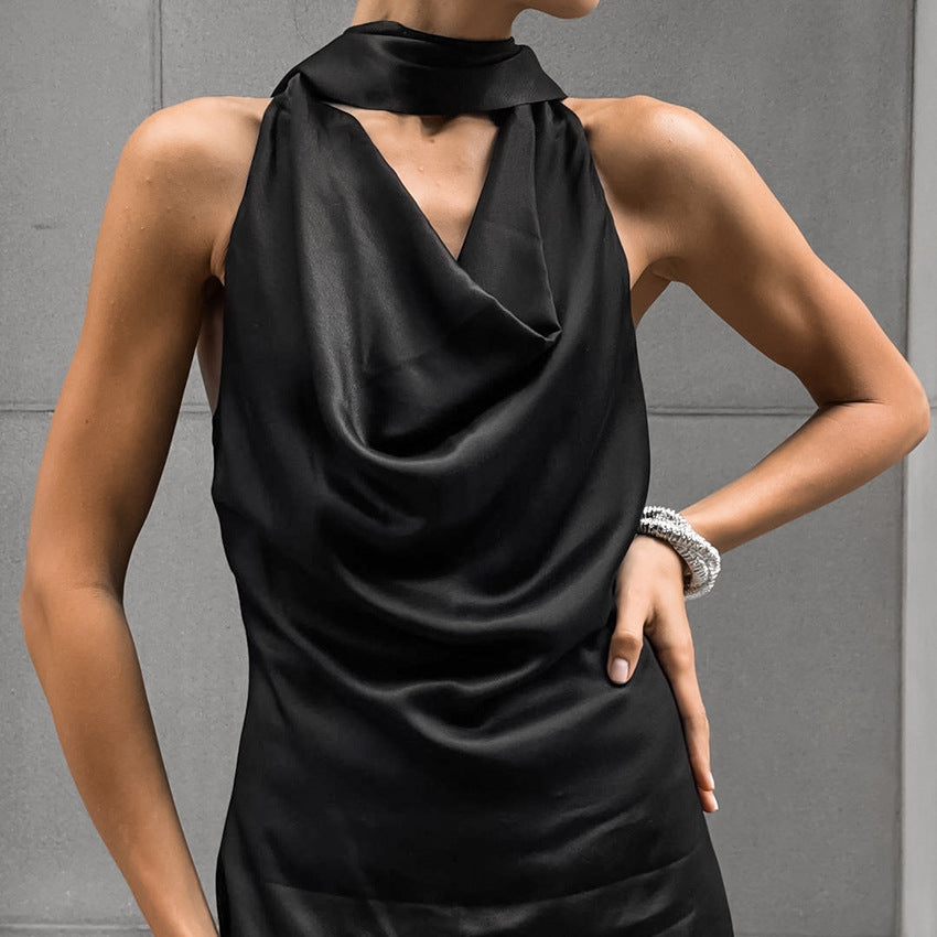 LP | Abito midi da donna con scollo a goccia - Raso - Vestibilità slim - Scollo drappeggiato - Abiti da cerimonia