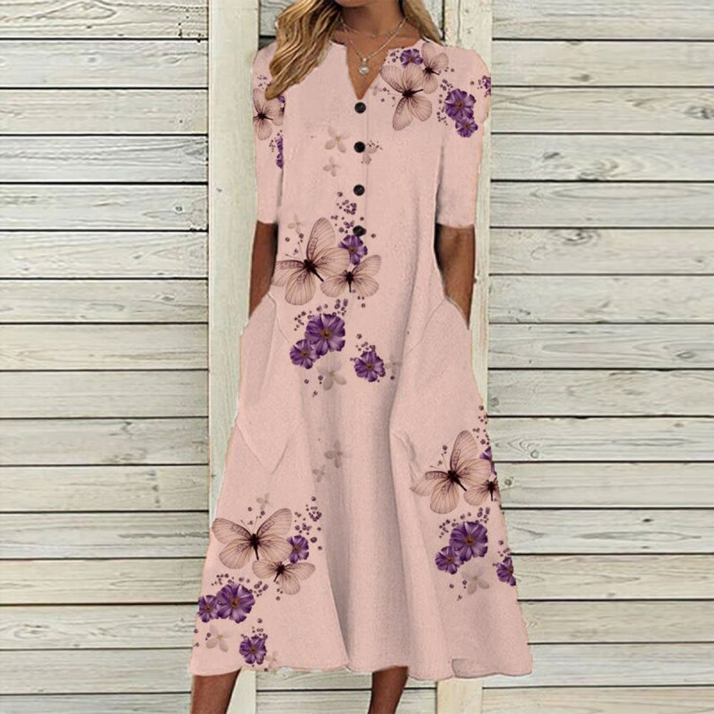 LP | Vestito midi da donna - Scollo a V - abbottonatura - maniche corte - stampa floreale a farfalla - tasche