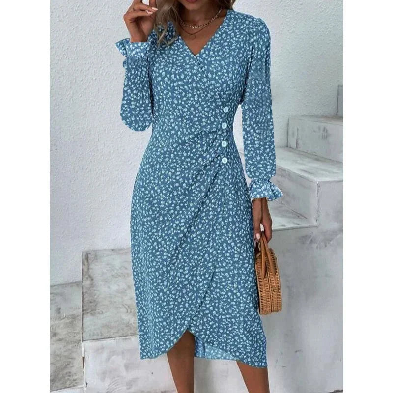 LP | Elegante abito midi a pieghe floreali con maniche a sbuffo e scollatura a V