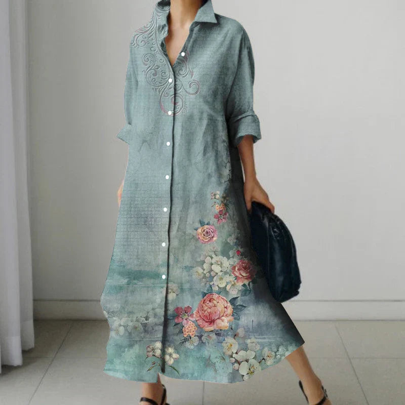 LP | Vestito camicia retrò floreale con scollo a V e tasche