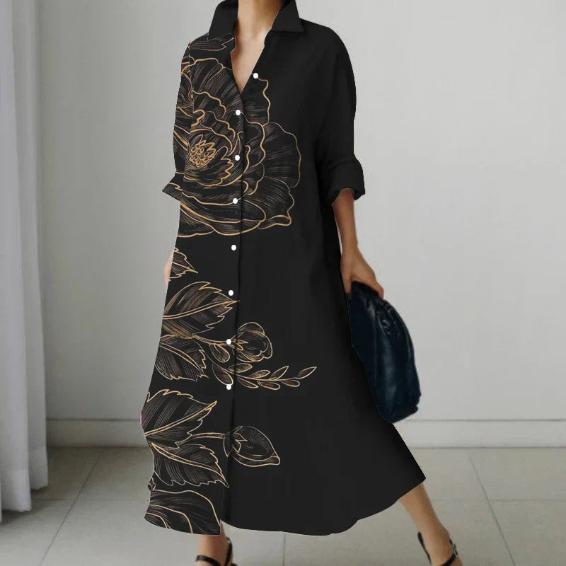 LP | Vestito camicia retrò floreale con scollo a V e tasche