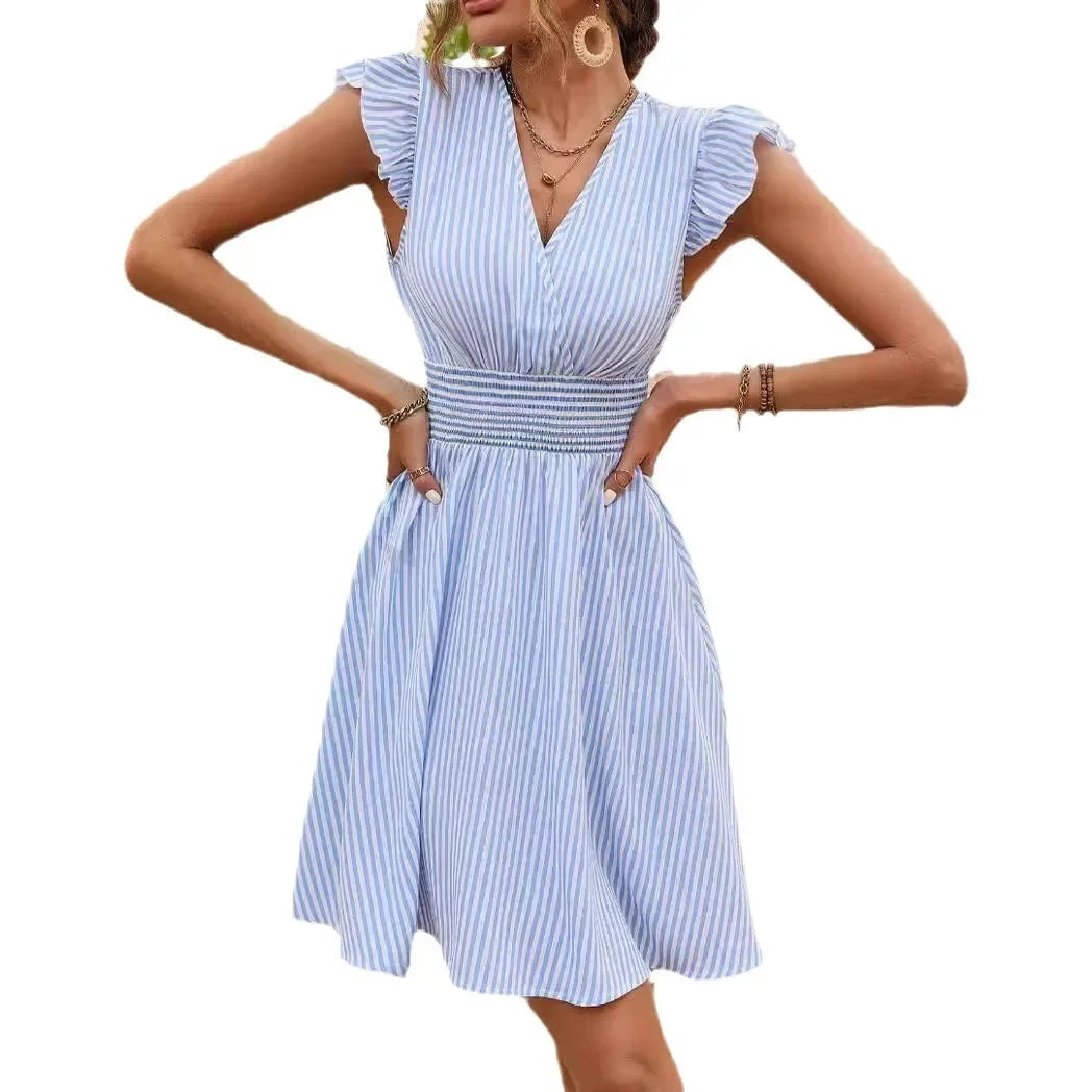 LP | Abito estivo da donna con righe e maniche a farfalla Mini abito da vacanza alla moda in stile europeo