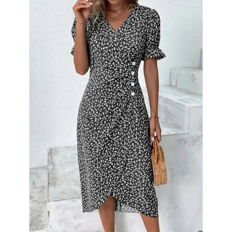 LP | Elegante abito midi a pieghe floreali con maniche a sbuffo e scollatura a V