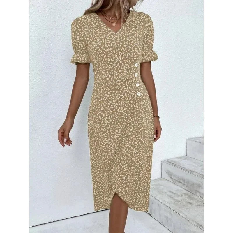 LP | Elegante abito midi a pieghe floreali con maniche a sbuffo e scollatura a V