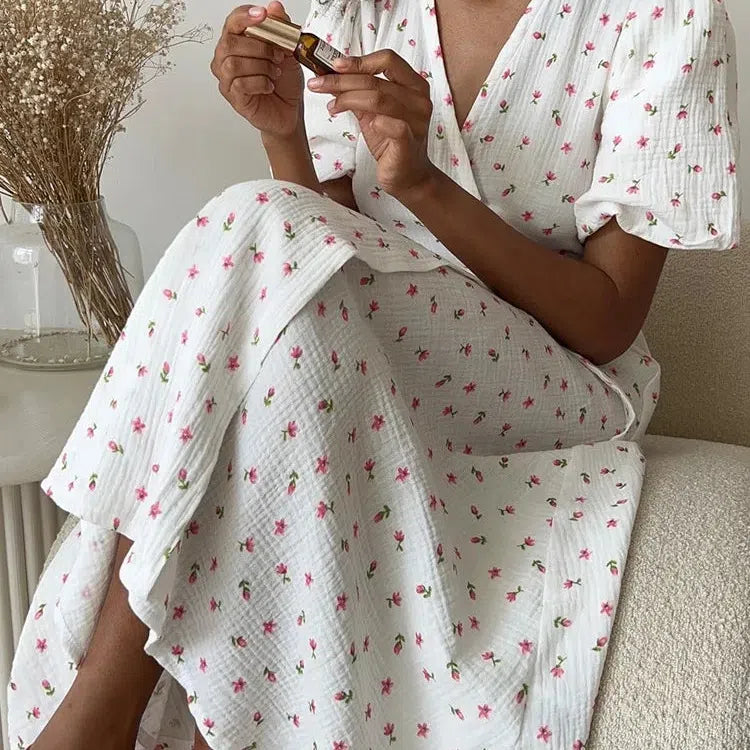 LP | Abiti estivi da donna casual 100% cotone con stampa floreale Abito midi A-Line con spacchi laterali Abito lungo elegante bianco
