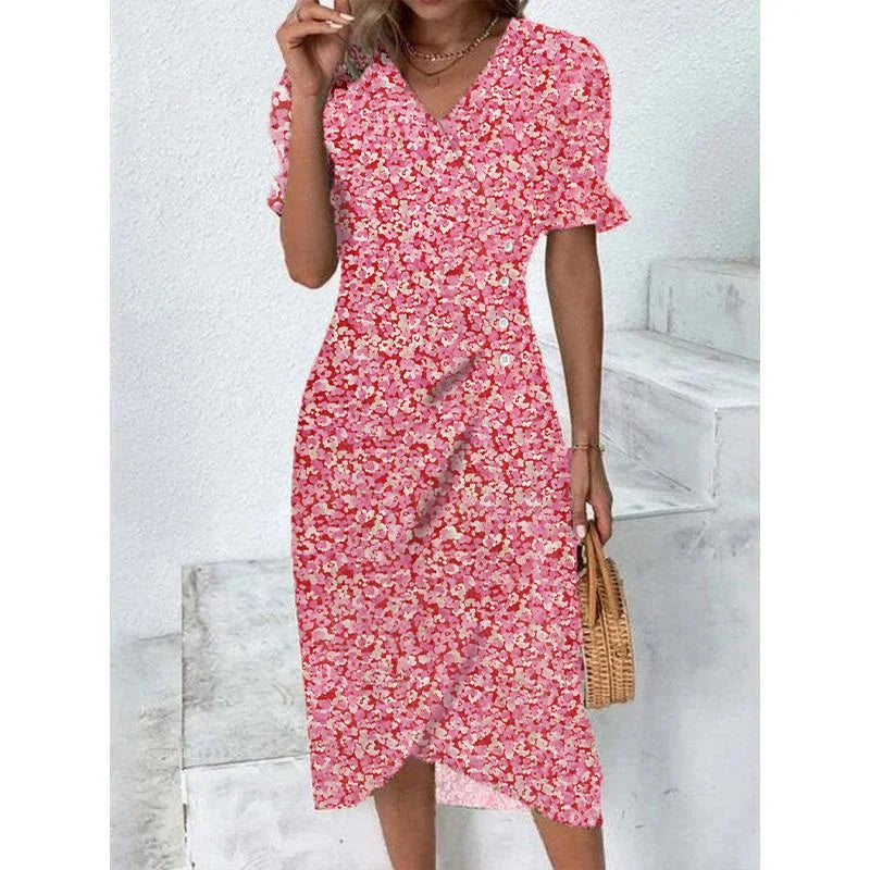 LP | Elegante abito midi a pieghe floreali con maniche a sbuffo e scollatura a V