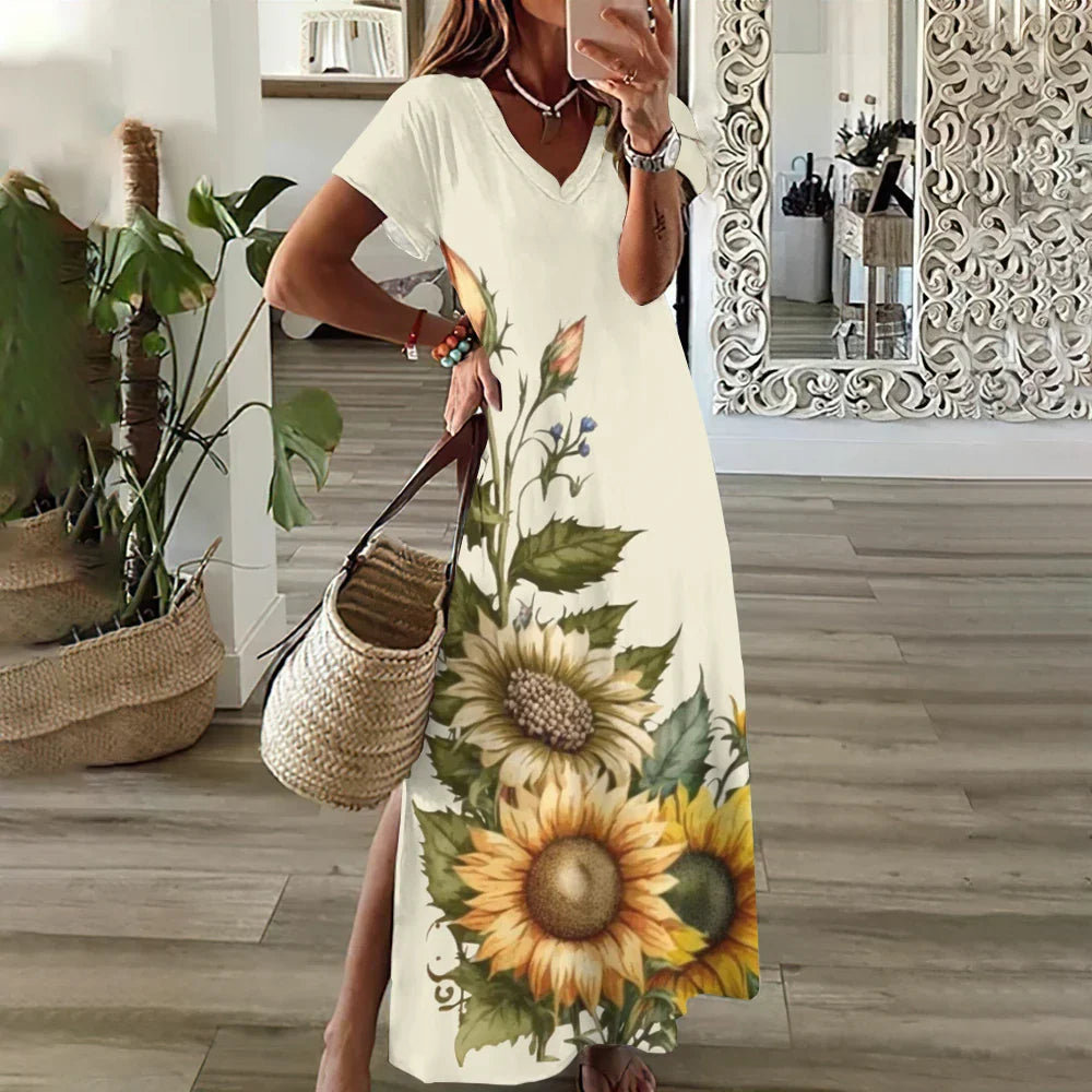 LP | Abiti grafici floreali con stampa a girasole per donne Plus Size Vestito midi elegante