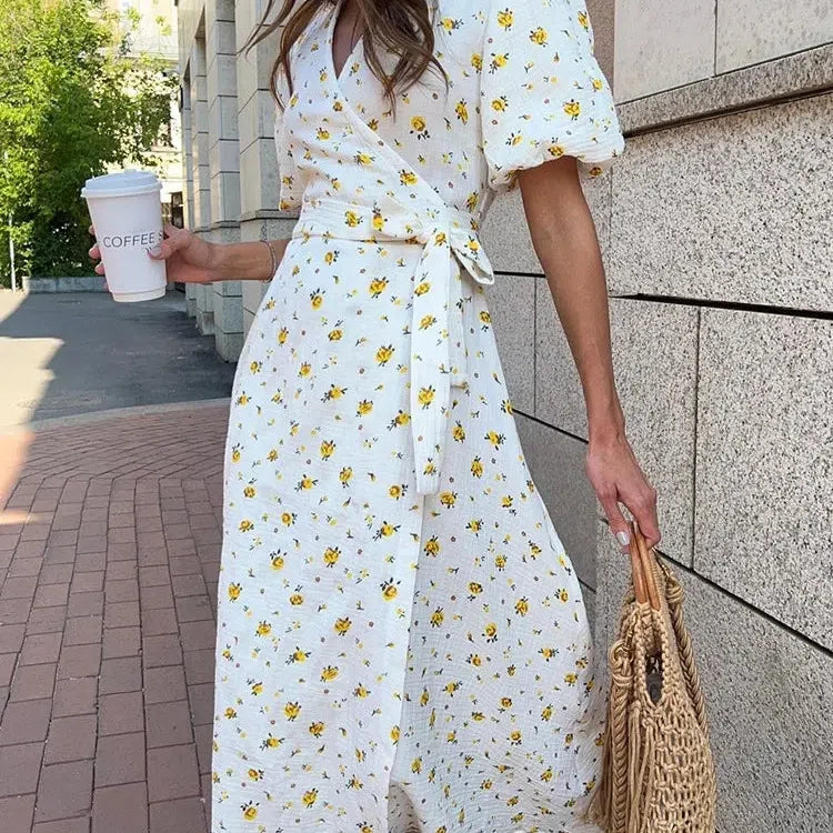 LP | Abiti estivi da donna casual 100% cotone con stampa floreale Abito midi A-Line con spacchi laterali Abito lungo elegante bianco