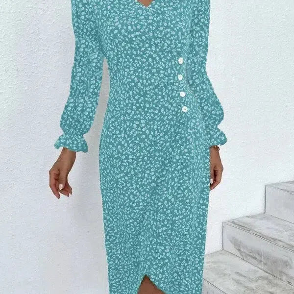 LP | Elegante abito midi a pieghe floreali con maniche a sbuffo e scollatura a V