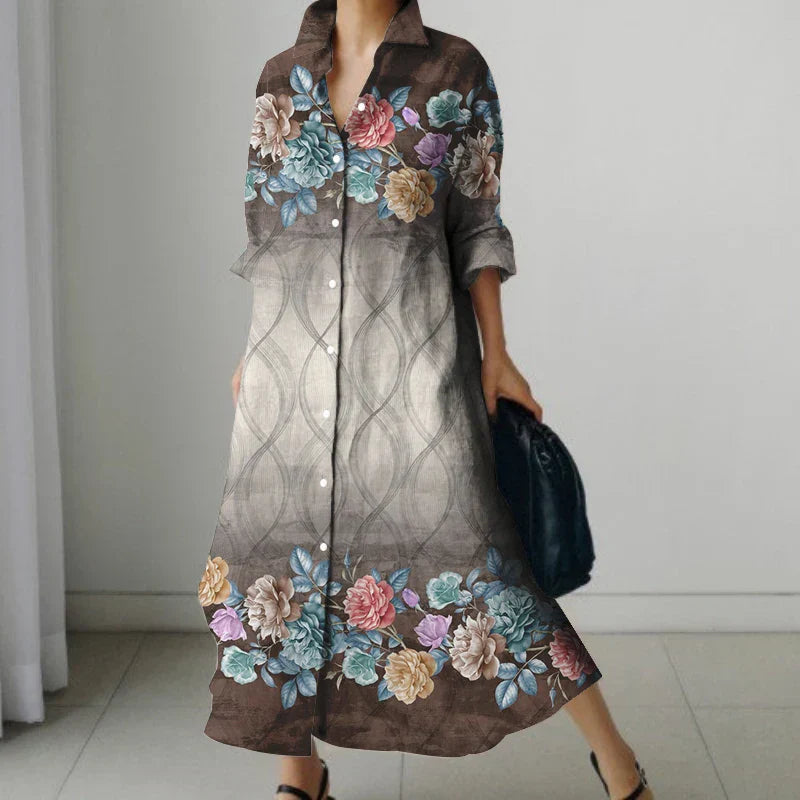 LP | Vestito camicia retrò floreale con scollo a V e tasche
