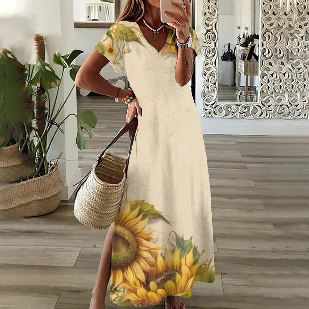 LP | Abiti grafici floreali con stampa a girasole per donne Plus Size Vestito midi elegante