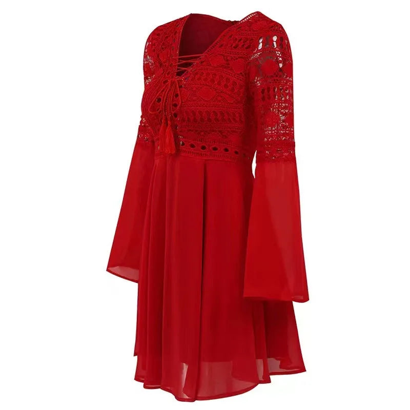 LP | Abito donna A Line Vestito corto Mini Abito manica lunga Ruffle V-Neck