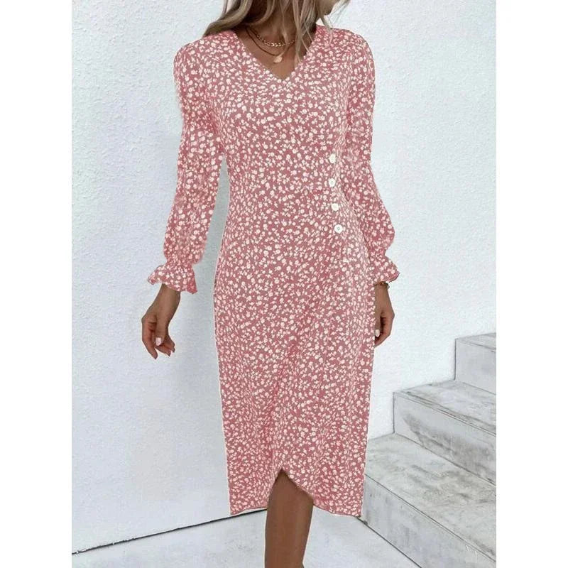 LP | Elegante abito midi a pieghe floreali con maniche a sbuffo e scollatura a V