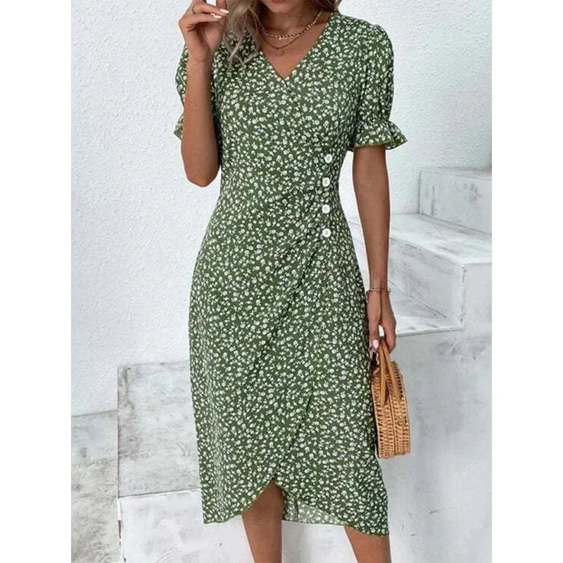 LP | Elegante abito midi a pieghe floreali con maniche a sbuffo e scollatura a V
