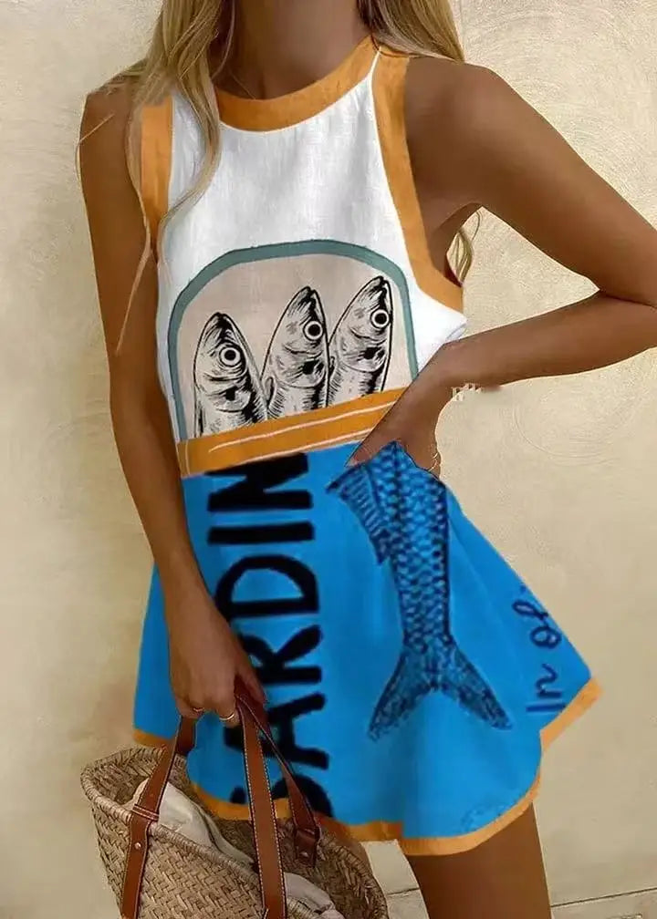 LP | Donne Stampa Puzzle Abito estivo senza maniche sopra il ginocchio Mini abito Canotta casual Abito da spiaggia per le donne
