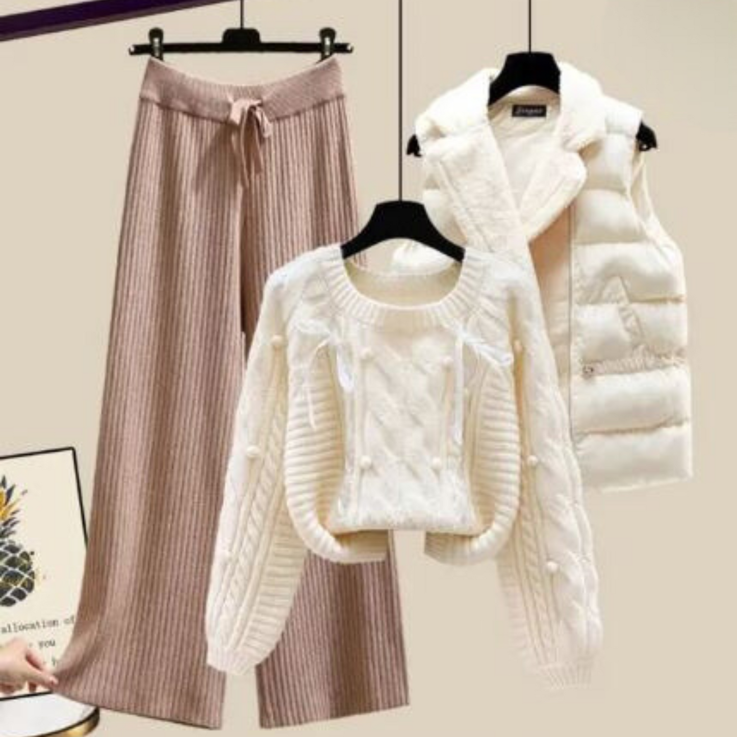 LP | Giacca da donna a tre pezzi con gilet, maglione largo e pantaloni a gamba larga