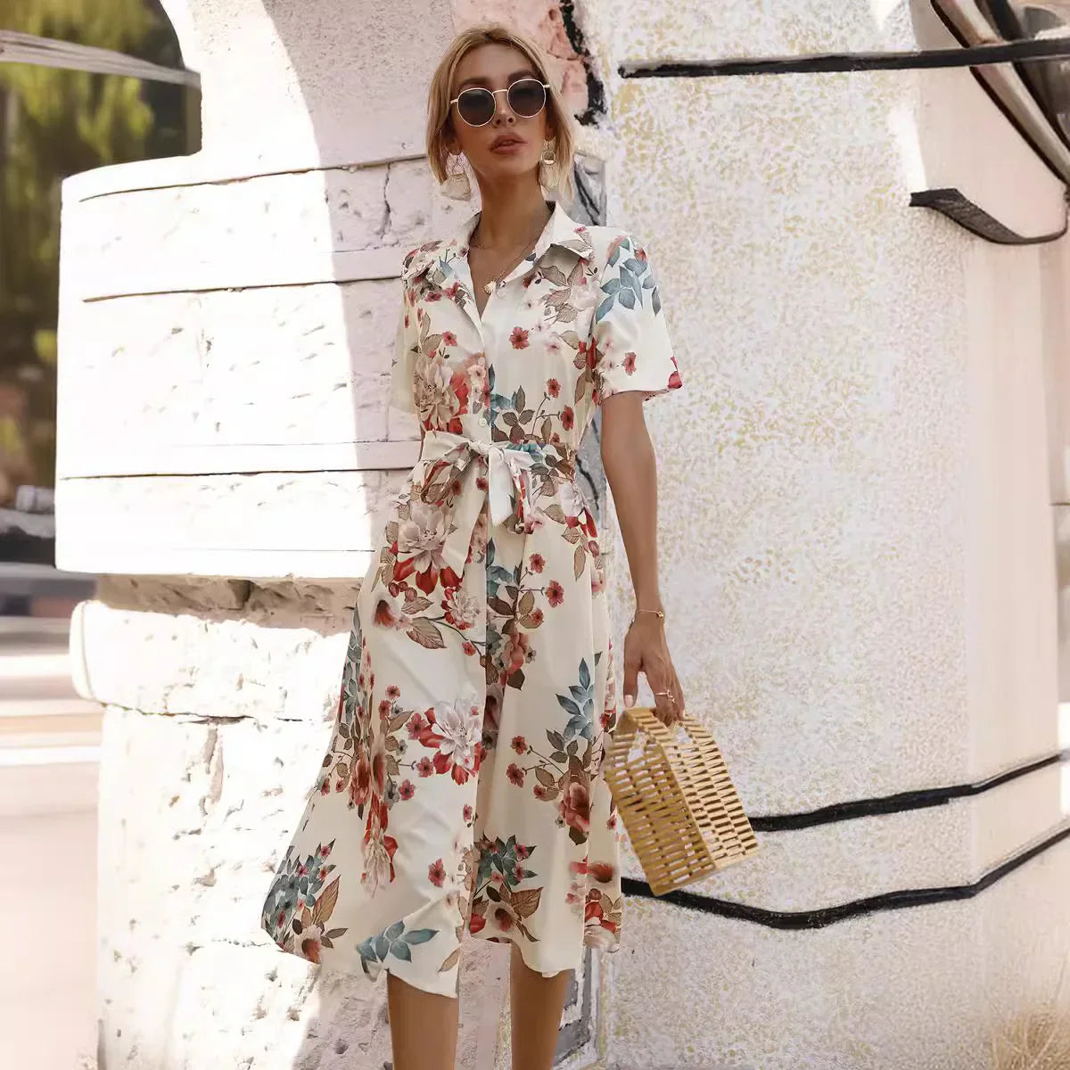 LP | Primavera Estate Donne Stampa Floreale Vestito Midi con Maniche Corte e Girare giù Collare per Casual Party e Outing