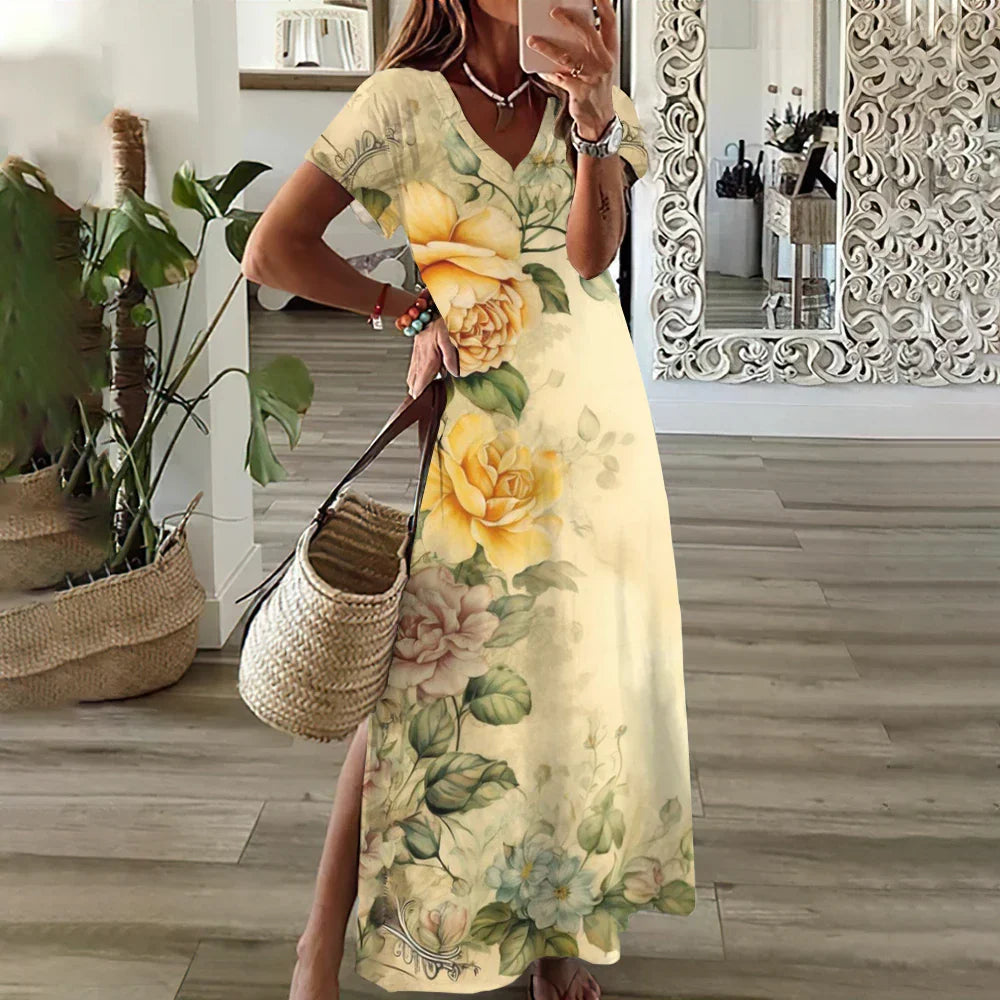 LP | Abiti grafici floreali con stampa a girasole per donne Plus Size Vestito midi elegante