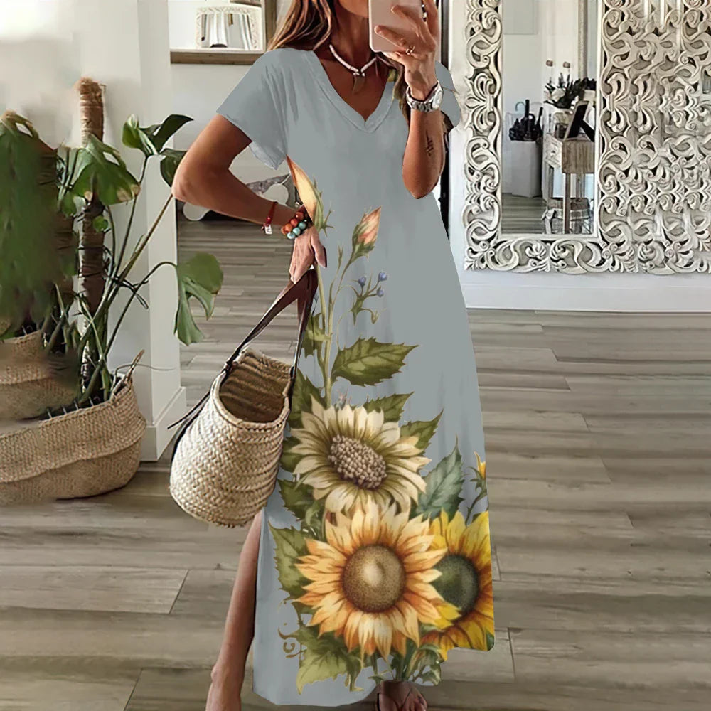 LP | Abiti grafici floreali con stampa a girasole per donne Plus Size Vestito midi elegante