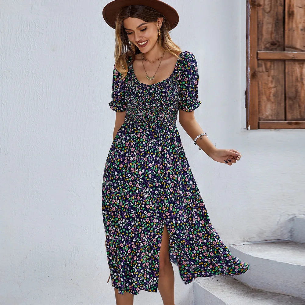 LP | Vestito con stampa bohémien Donne Nuovo Vestito Midi estivo Maniche a sbuffo