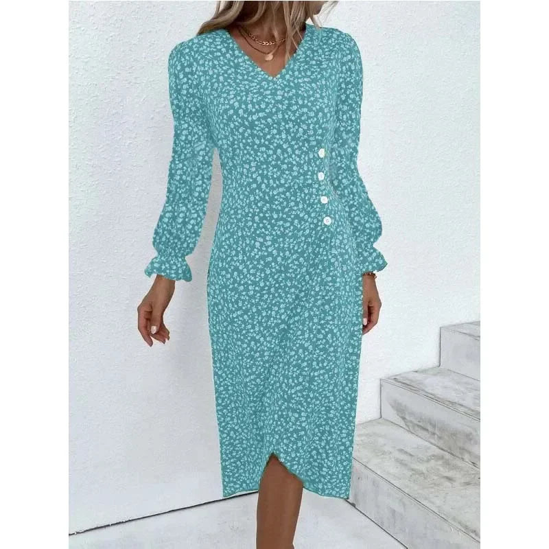 LP | Elegante abito midi a pieghe floreali con maniche a sbuffo e scollatura a V