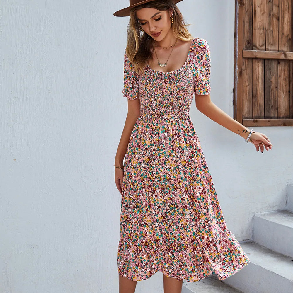LP | Vestito con stampa bohémien Donne Nuovo Vestito Midi estivo Maniche a sbuffo