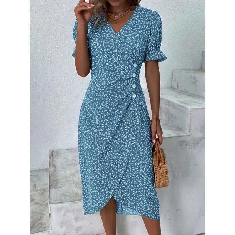 LP | Elegante abito midi a pieghe floreali con maniche a sbuffo e scollatura a V