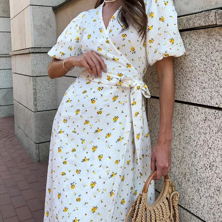 LP | Abiti estivi da donna casual 100% cotone con stampa floreale Abito midi A-Line con spacchi laterali Abito lungo elegante bianco
