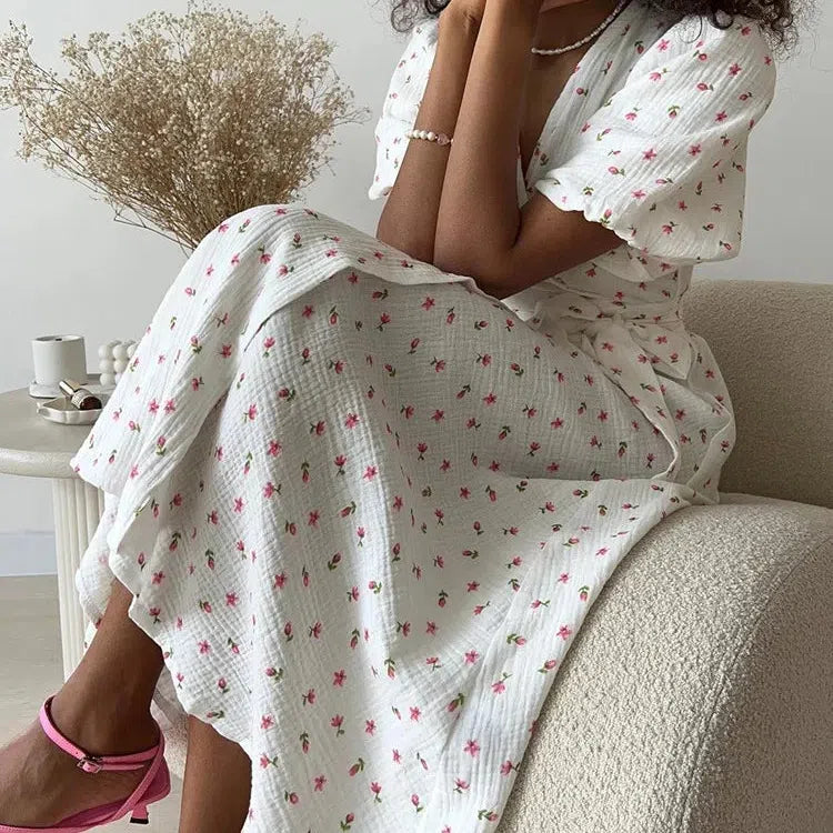 LP | Abiti estivi da donna casual 100% cotone con stampa floreale Abito midi A-Line con spacchi laterali Abito lungo elegante bianco