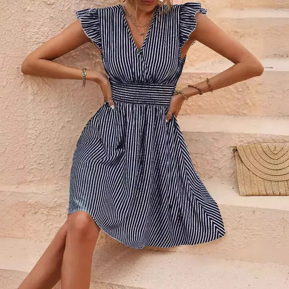 LP | Abito estivo da donna con righe e maniche a farfalla Mini abito da vacanza alla moda in stile europeo