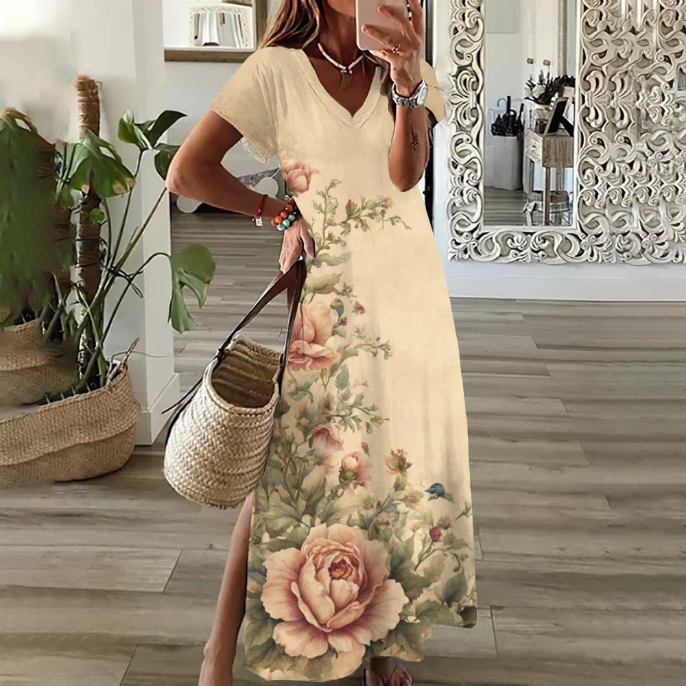 LP | Abiti grafici floreali con stampa a girasole per donne Plus Size Vestito midi elegante