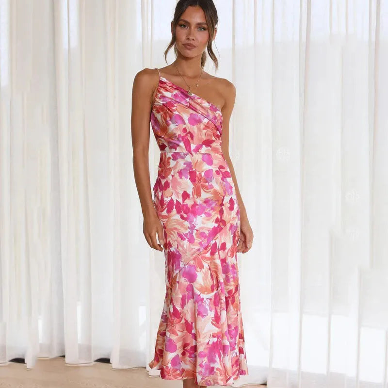 LP | Elegante abito midi asimmetrico con motivo floreale per ogni occasione