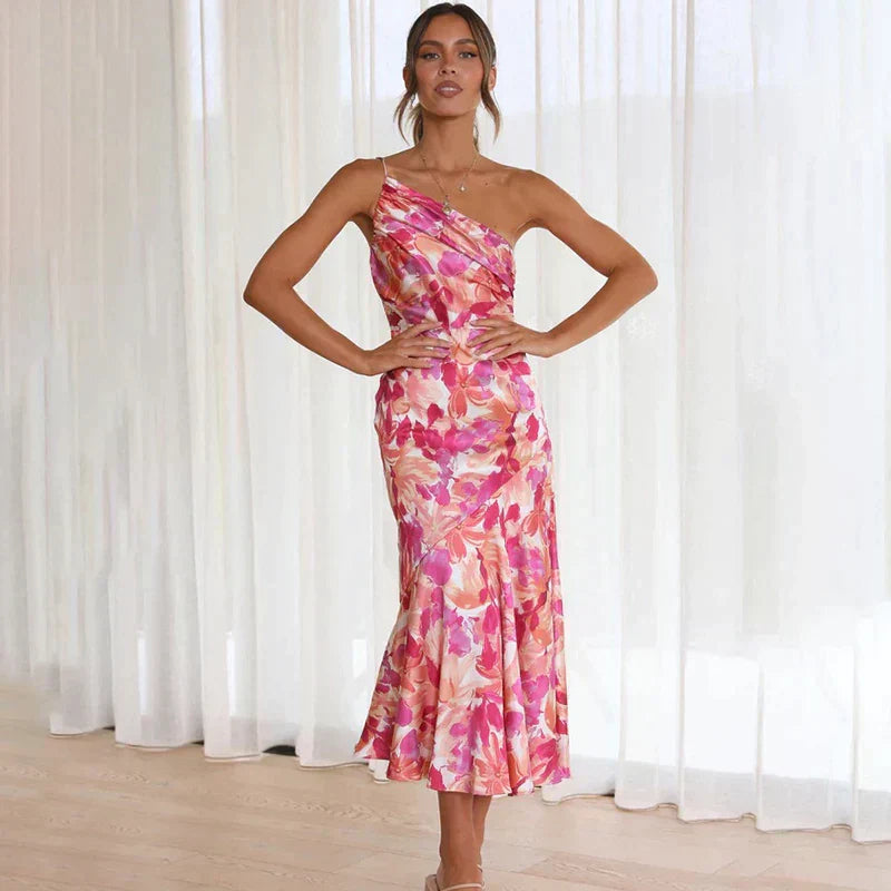 LP | Elegante abito midi asimmetrico con motivo floreale per ogni occasione
