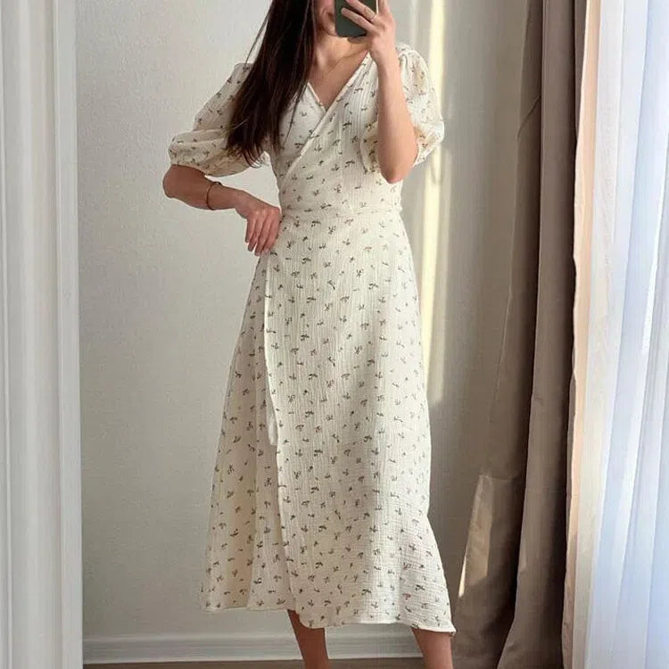 LP | Abiti estivi da donna casual 100% cotone con stampa floreale Abito midi A-Line con spacchi laterali Abito lungo elegante bianco