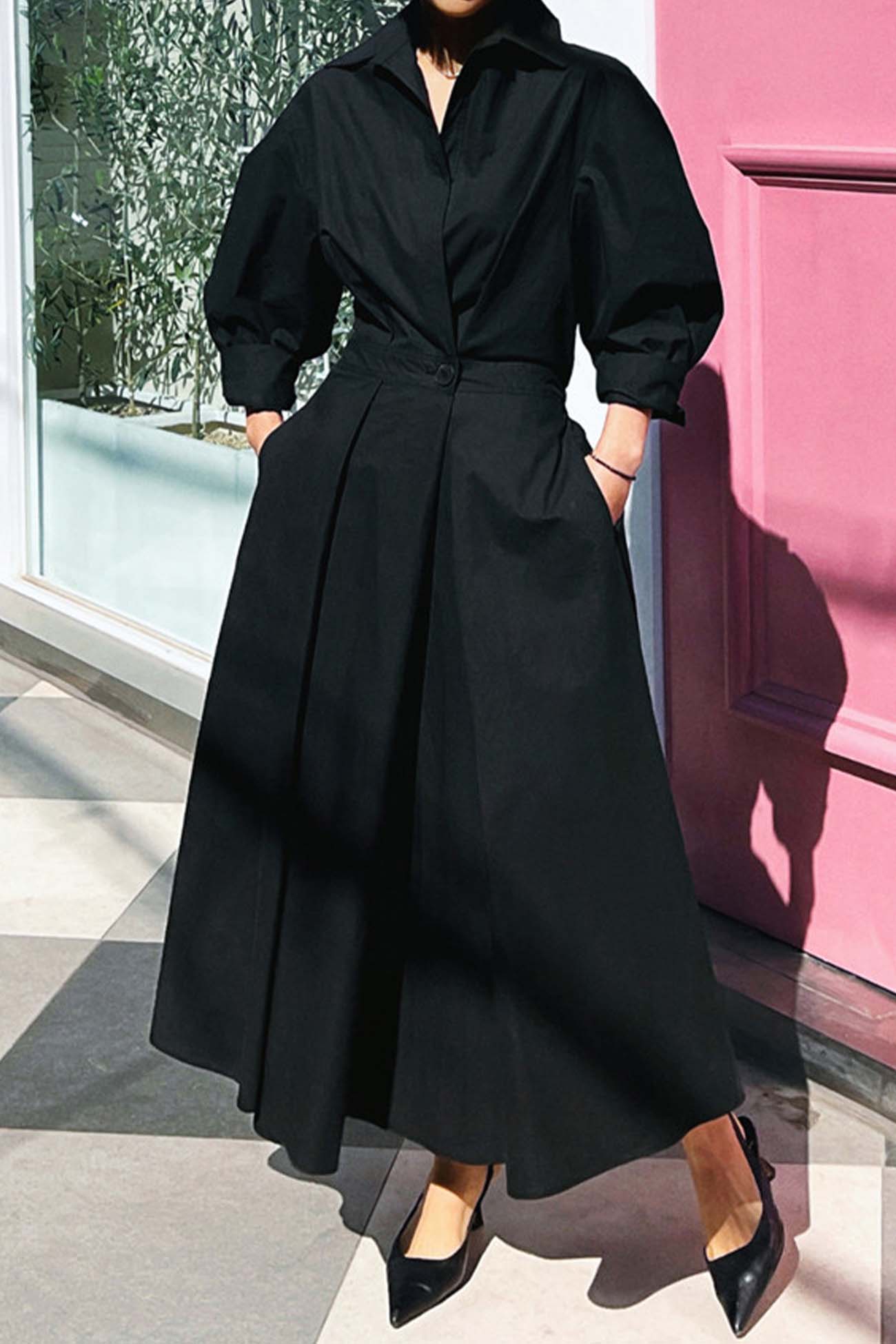 LP | Abito midi a maniche lunghe in cotone, con linea a camicia