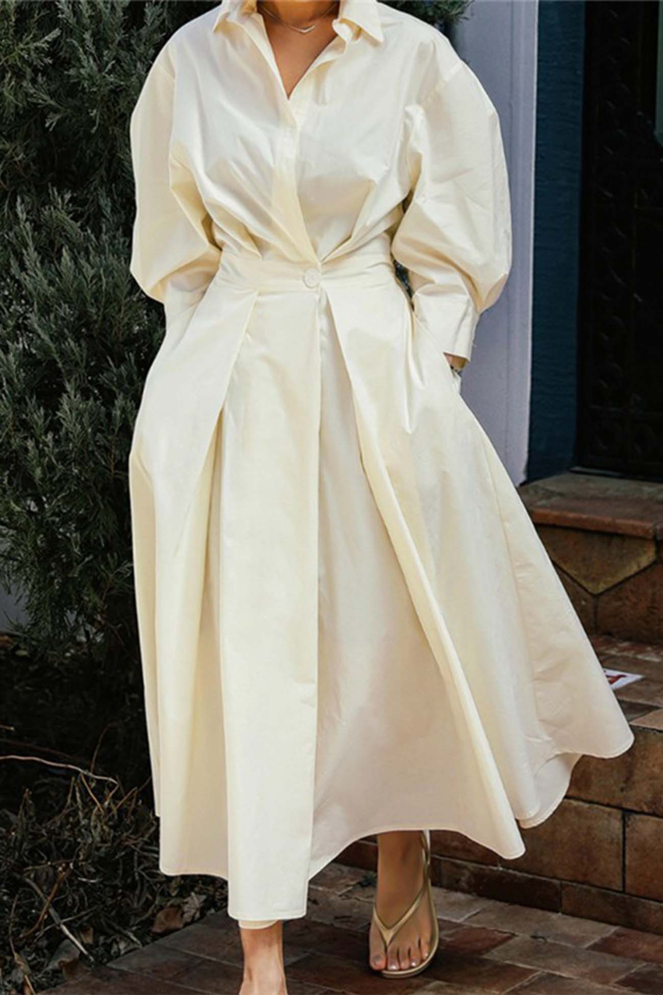 LP | Abito midi a maniche lunghe in cotone, con linea a camicia