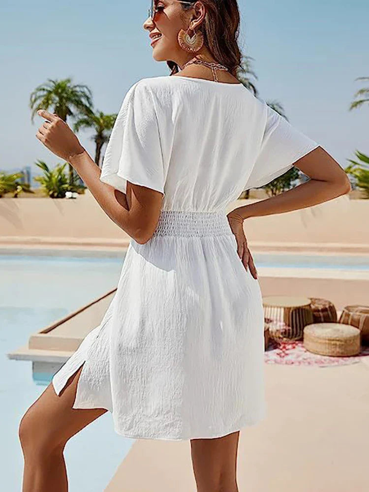 LP | 2024 Solido abito da spiaggia bianco sciolto donna boho mini abito