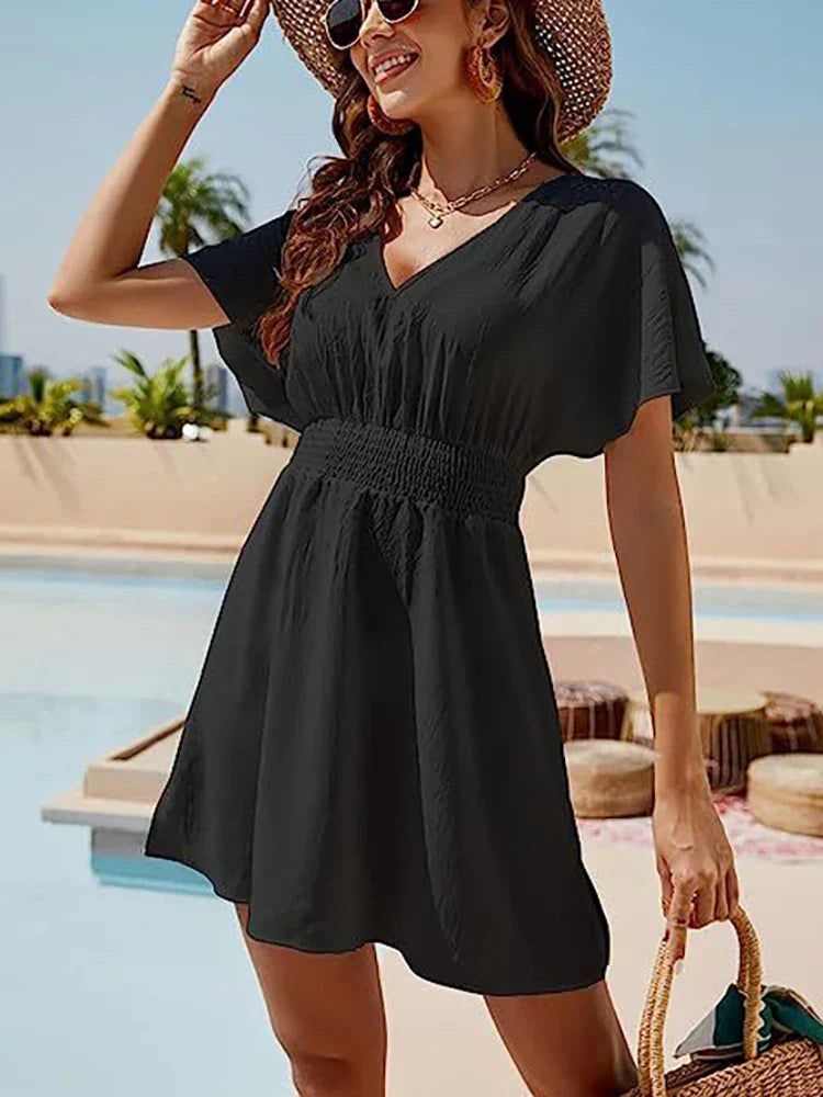 LP | 2024 Solido abito da spiaggia bianco sciolto donna boho mini abito
