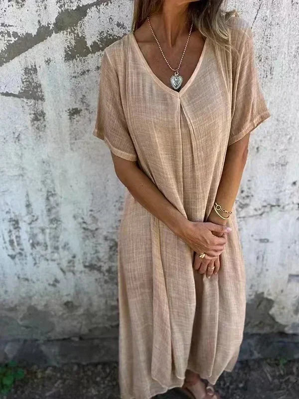LP | Abito midi in cotone e lino con scollo a V