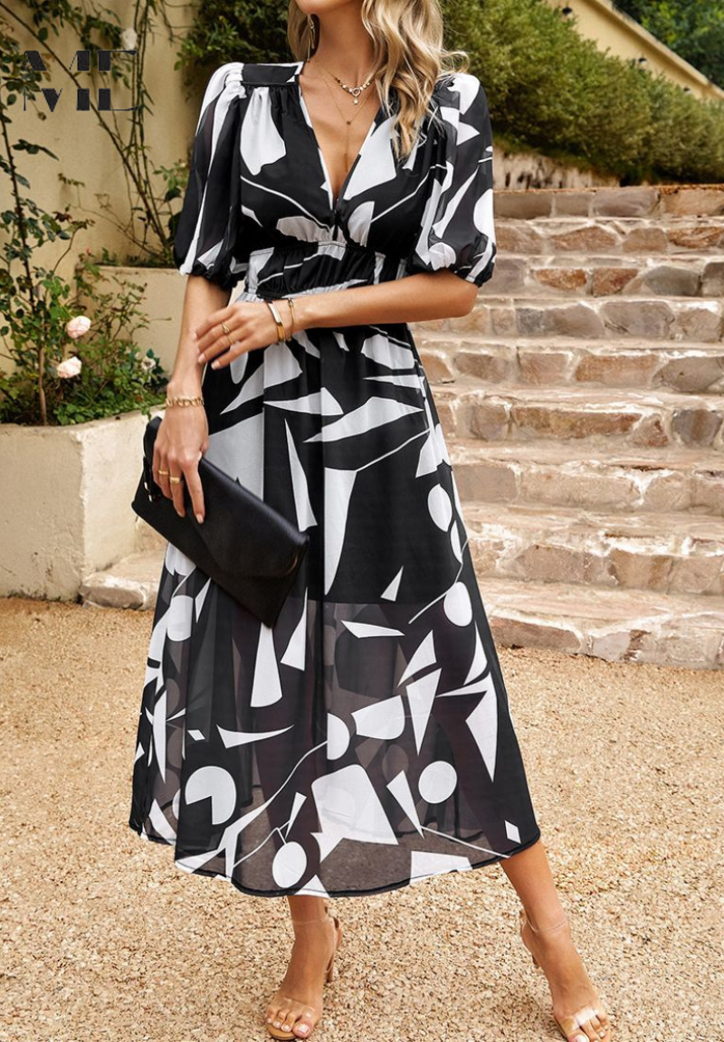 LP | Elegante abito midi floreale con maniche a sbuffo