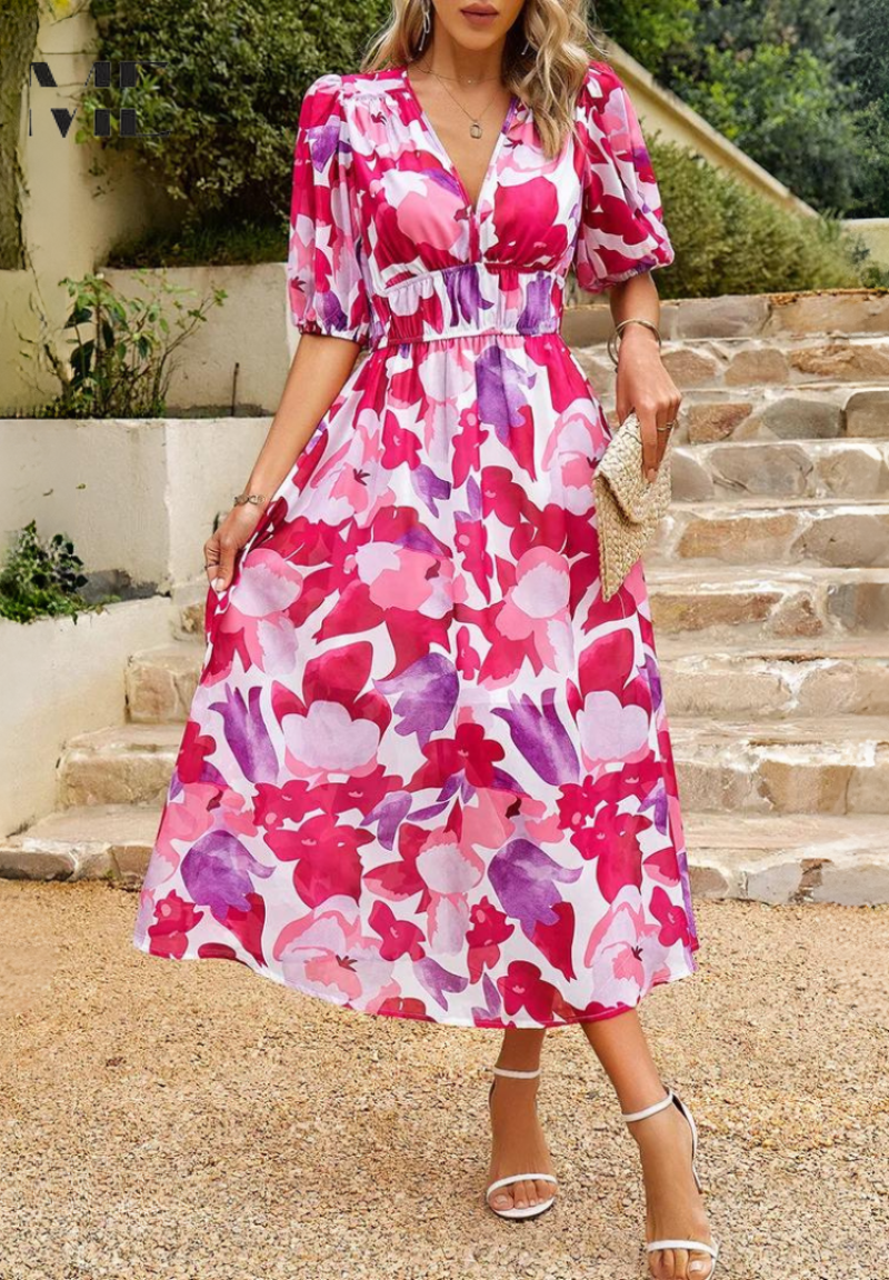 LP | Elegante abito midi floreale con maniche a sbuffo