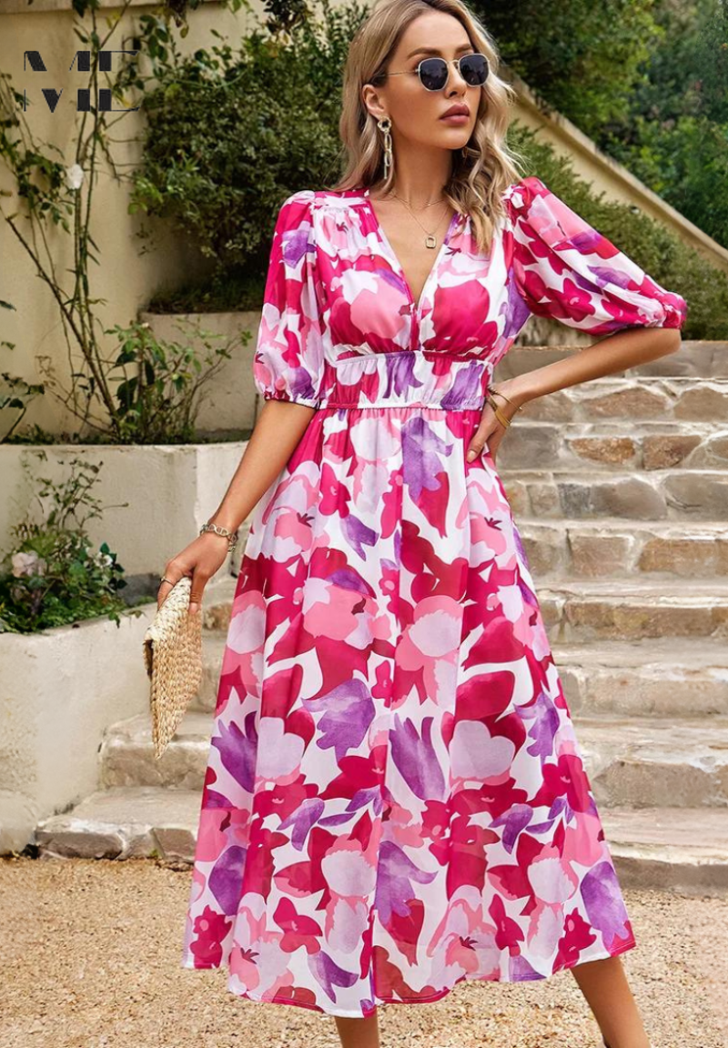 LP | Elegante abito midi floreale con maniche a sbuffo