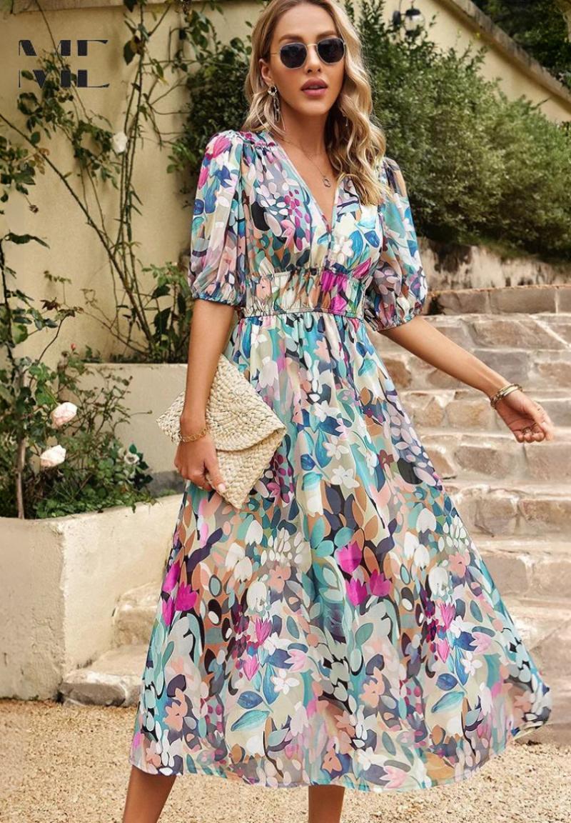 LP | Elegante abito midi floreale con maniche a sbuffo