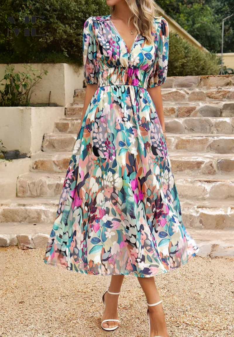 LP | Elegante abito midi floreale con maniche a sbuffo