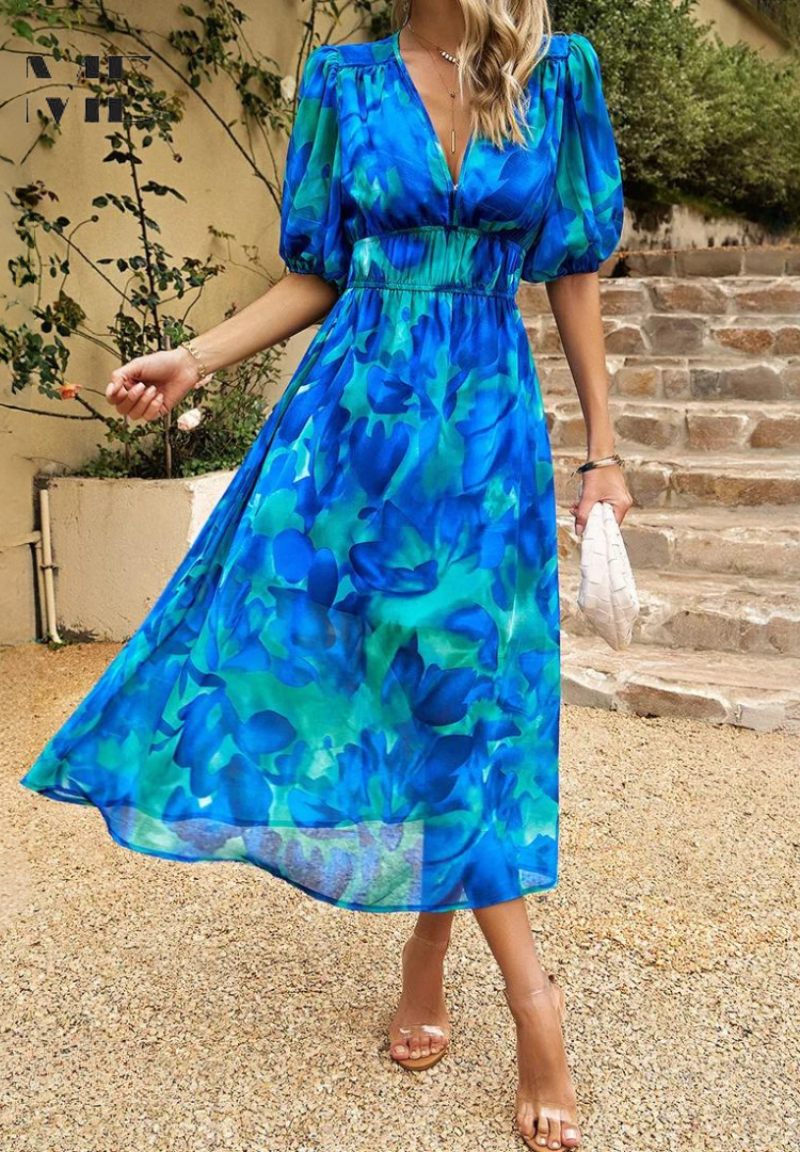 LP | Elegante abito midi floreale con maniche a sbuffo