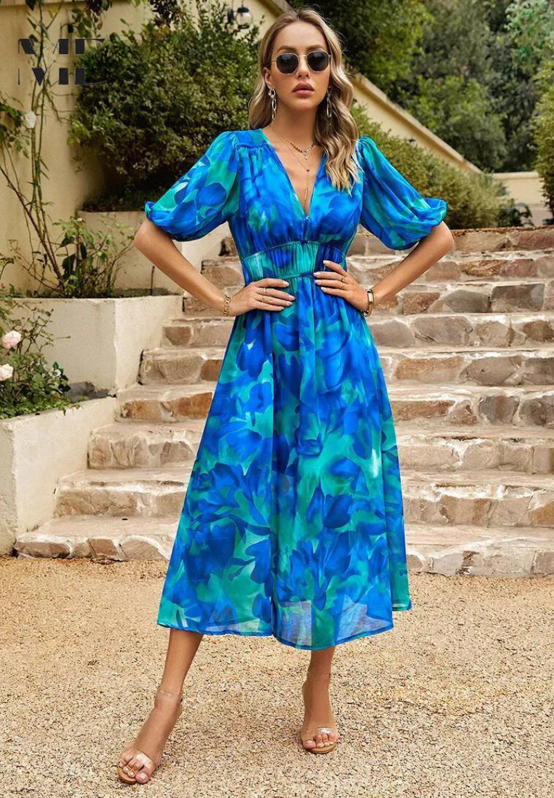 LP | Elegante abito midi floreale con maniche a sbuffo