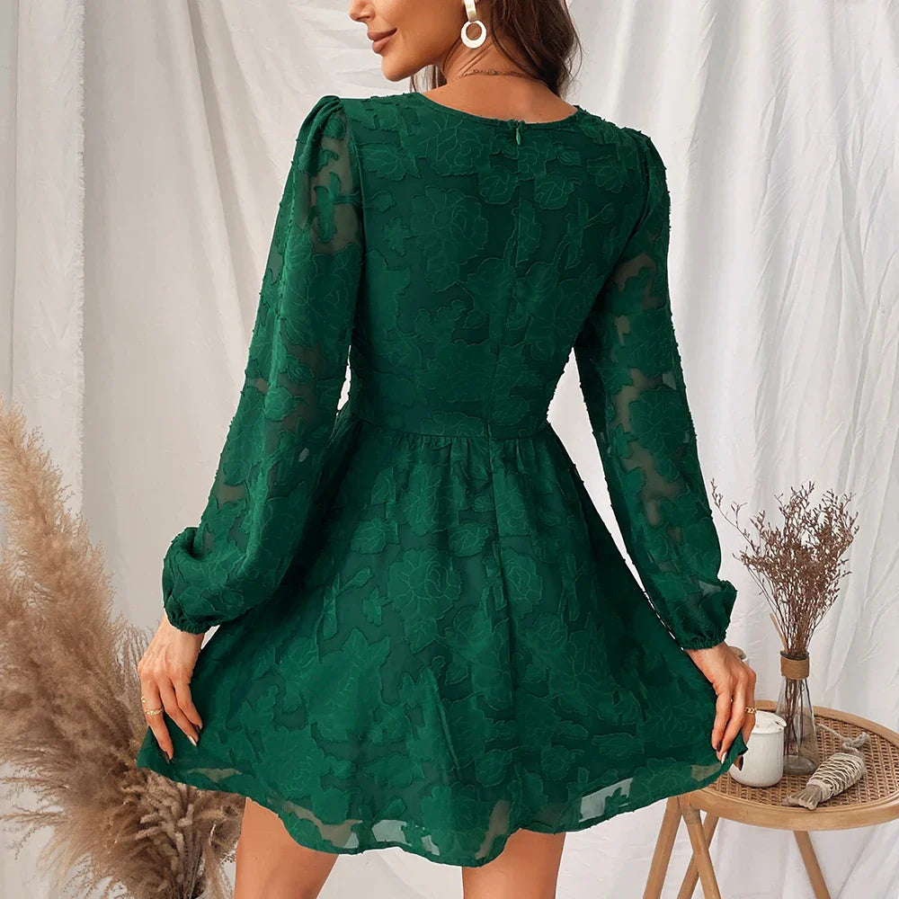 LP | 2024 Sexy mini abito boho a maniche lunghe, verde, scollato, linea A